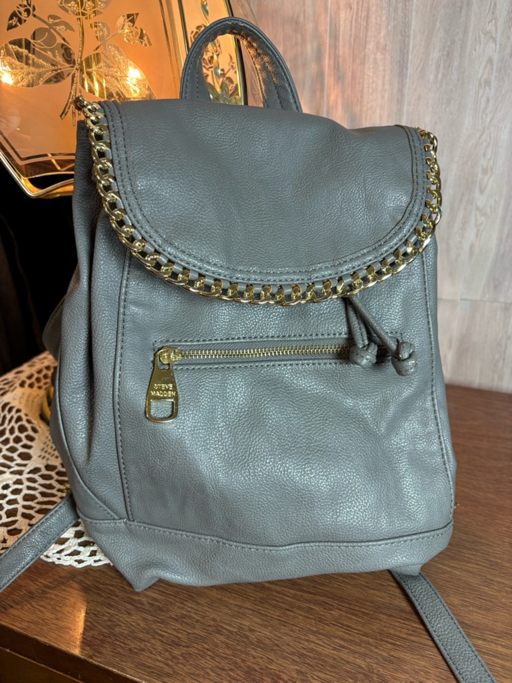 Steve Madden Grey Backpack with Gold Chain Trim